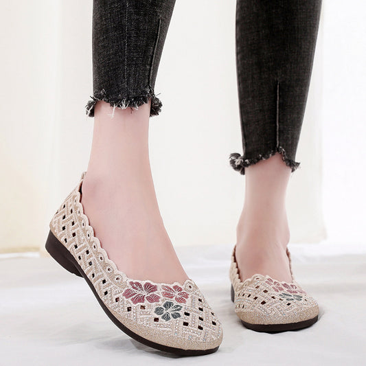 Summer old Beijing cloth shoes, women's mesh shoes, breathable, perforated mesh surface, flat heel, lightweight mesh shoes for women